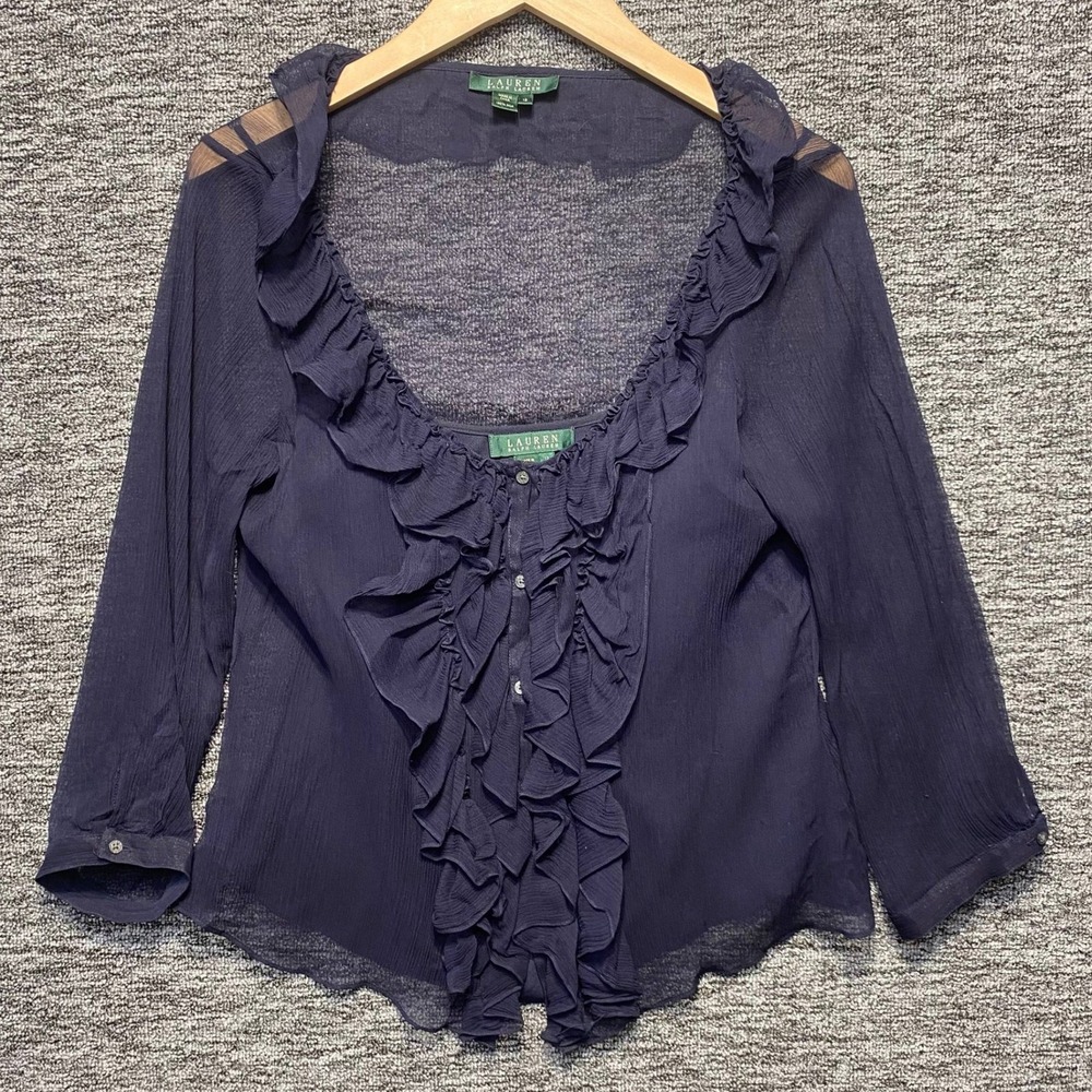 Lauren Ralph Lauren Silk Blouse Set Women 12 Blue Ruffle Sheer Romantic Top